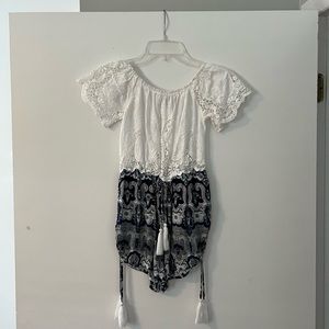 Blue and White Off-Shoulder Romper